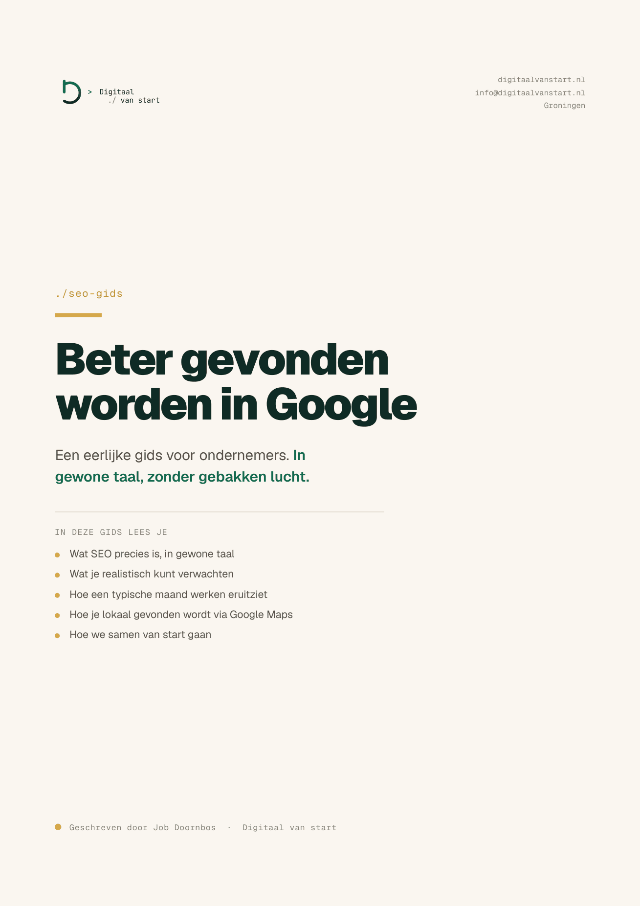 Voorkant van de gratis SEO-gids van Digitaal van start met de titel Beter gevonden worden in Google